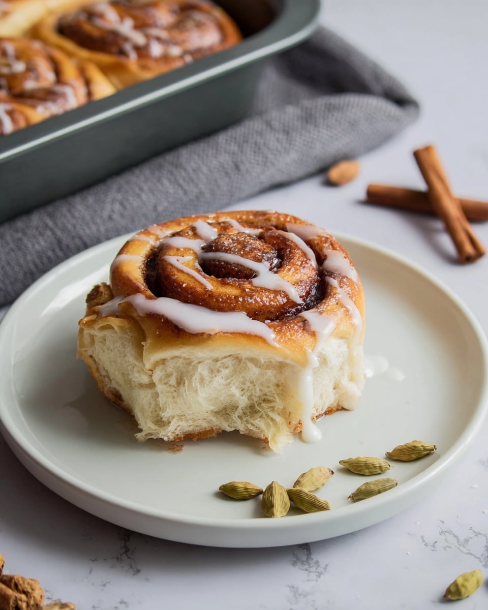 A single cinnamon roll sits in the center of a simple white plate on a white marbled texture. The roll has two main layers: the bottom layer is a thick, fluffy, light golden dough with a soft texture, and the top layer is a spiraled swirl of rich brown cinnamon filling with a glistening surface. A thin drizzle of white icing is being poured over the top, adding a glossy contrast. In the background, a baking pan filled with more golden brown cinnamon rolls is partially visible, with a gray cloth underneath. Some cardamom pods and a cinnamon stick rest on the white marbled texture nearby. photo taken with an iphone --ar 4:5 --v 7