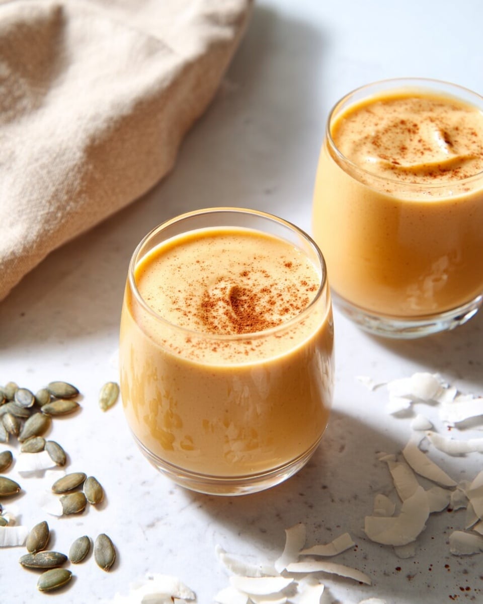 Two short clear glasses sit on a white marbled surface, each filled with a smooth, creamy light orange drink. The top layer is swirled with a small peak in the center and lightly sprinkled with a fine brown powder. Around the glasses, scattered dry seeds and white coconut flakes add texture and detail to the scene. In the upper left corner, a beige cloth is softly folded, adding a subtle touch to the composition. photo taken with an iphone --ar 4:5 --v 7