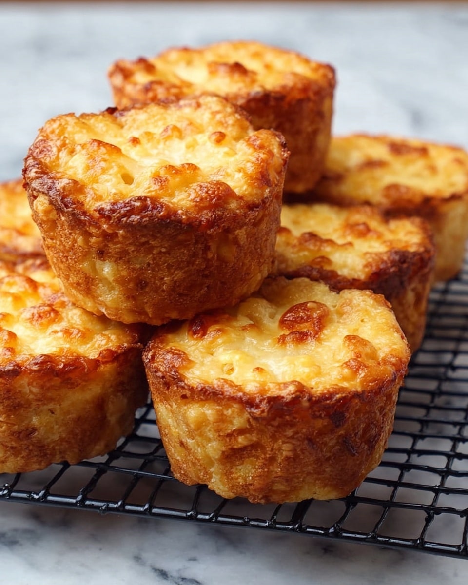 The image shows six golden brown cheese muffins stacked on a black wire cooling rack. Each muffin has a rough, crumbly texture with a crispy outside and a gooey, melted cheese top that is light yellow with some darker, toasted cheese spots. The muffins are round, about the size of a small cupcake, with uneven edges and a firm crust. The scene is set on a white marbled texture background, adding a clean contrast to the rich colors of the muffins. Photo taken with an iphone --ar 4:5 --v 7