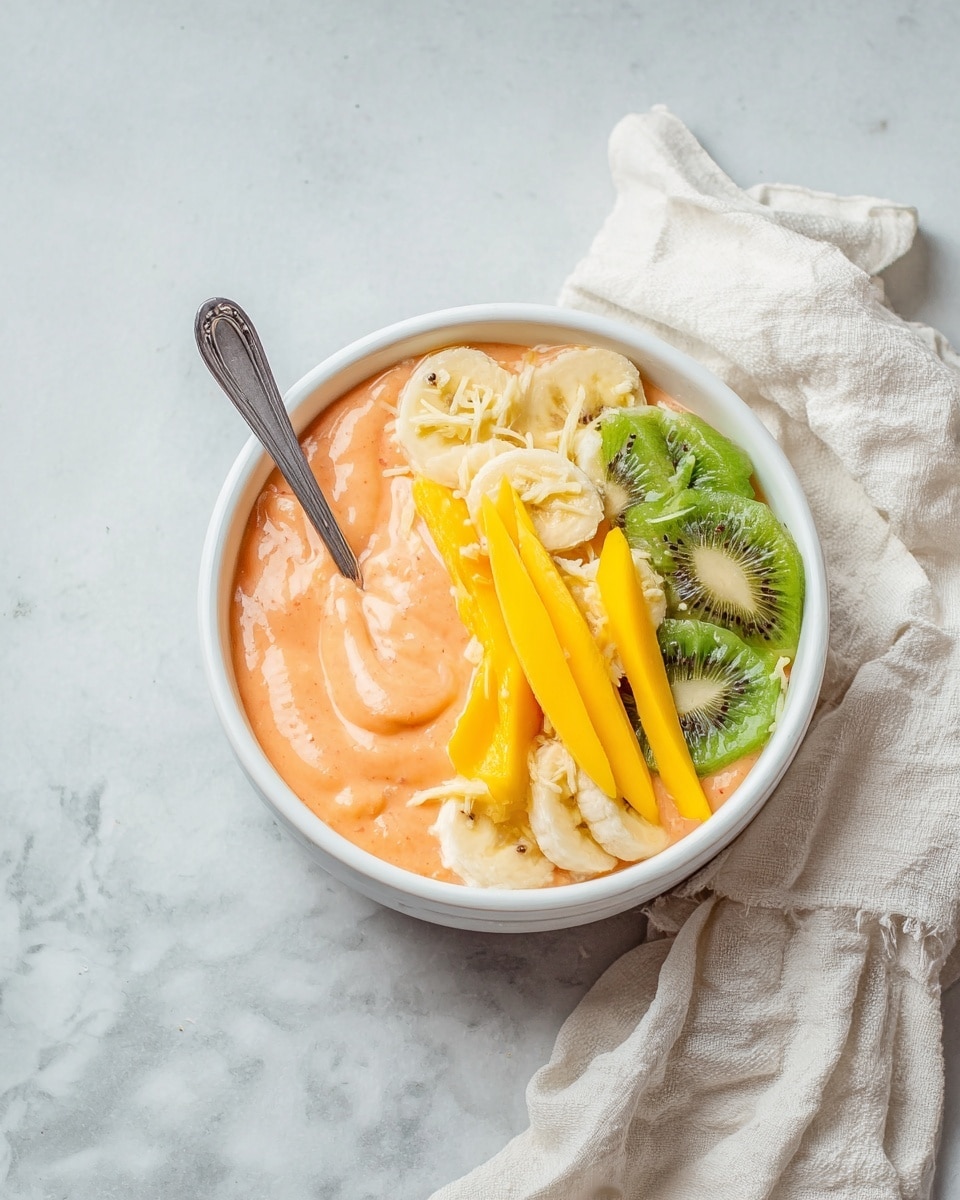 A white bowl filled with creamy pale orange smoothie base, having a thick, smooth texture, topped with a layer of fresh fruit slices including vibrant green kiwi pieces on one side, light yellow banana slices, and two long bright yellow mango strips placed diagonally on top. The bowl is placed on a white marbled surface, and a silver spoon stands inside the bowl. A light cream-colored cloth is placed beside the bowl. photo taken with an iphone --ar 4:5 --v 7