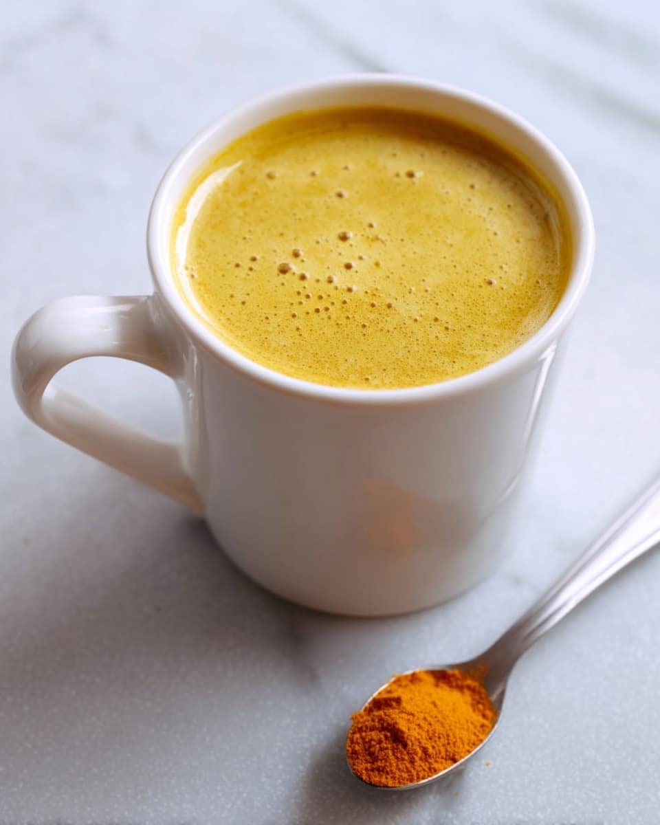 A close-up view of a white ceramic mug filled with a smooth, golden-yellow drink with a light frothy texture on top. The mug sits on a white marbled surface, and next to it, to the right, lies a silver spoon with some bright orange powder on its tip. The drink is the only layer visible inside the mug, showing a creamy consistency without any extra toppings. photo taken with an iphone --ar 4:5 --v 7