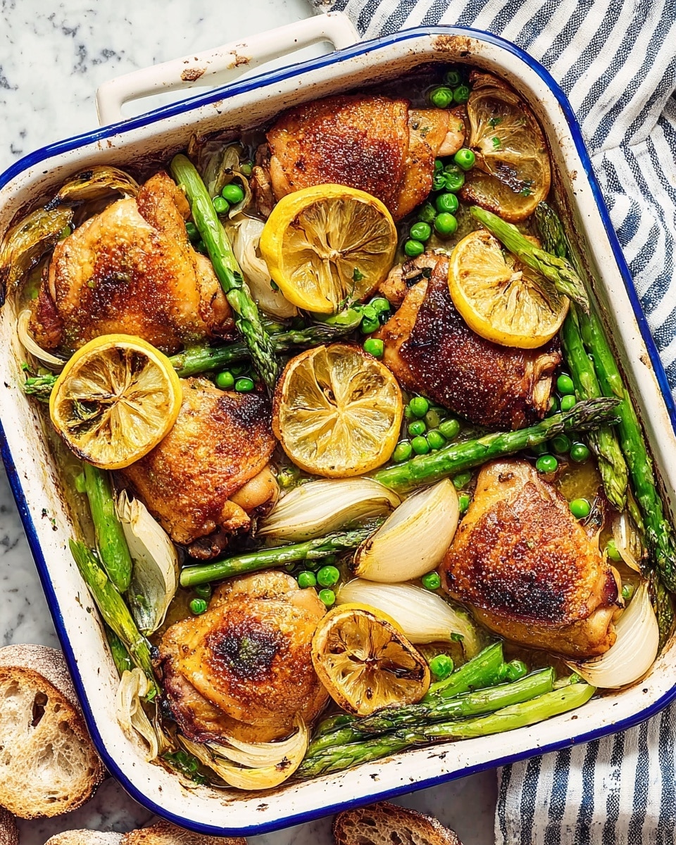 A white baking dish with a blue rim holds six pieces of roasted chicken thighs with a golden brown, crispy skin spread evenly. Underneath and around the chicken, there are layers of grilled lemon slices that are browned and slightly caramelized, sliced white onions, and whole garlic cloves. Bright green asparagus spears rest on top, crossing over the chicken pieces, along with scattered green peas adding small pops of color. The dish sits on a white marbled surface with a striped blue and white cloth partly under it, and there are pieces of rustic bread near the edges. photo taken with an iphone --ar 4:5 --v 7