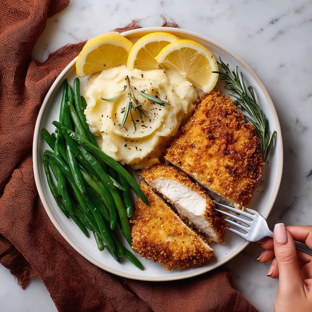 A white plate holds a meal with three main parts: on the left, a golden brown crispy breaded chicken piece, partially cut to show white tender meat inside, sprinkled with coarse salt; in the top center, a creamy beige mashed potato scoop garnished with small green rosemary sprigs and black pepper; on the right, bright green slender green beans arranged side by side. Two lemon wedges sit at the top left and one at the right edge near a silver knife. A woman's hand is seen holding a silver fork stabbing the chicken. The plate rests on a folded rust-colored textured cloth set on a white marbled surface. Photo taken with an iphone --ar 4:5 --v 7