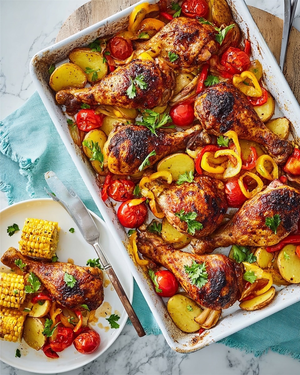 The image shows a white baking tray filled with six pieces of grilled chicken, including thighs and drumsticks, each with a golden-brown and slightly charred skin, placed over a bed of sliced golden potatoes. Among the chicken and potatoes are bright red cherry tomatoes, thin yellow and red bell pepper strips, and fresh green parsley leaves scattered on top. To the side, a white plate holds a serving of the dish with one piece of chicken, some potatoes, peppers, and a piece of corn on the cob with a small pat of butter melting on it. Everything sits on a white marbled surface with a light blue cloth nearby. The colors are warm and vibrant, with a mix of yellow, red, green, and brown tones. Photo taken with an iphone --ar 4:5 --v 7