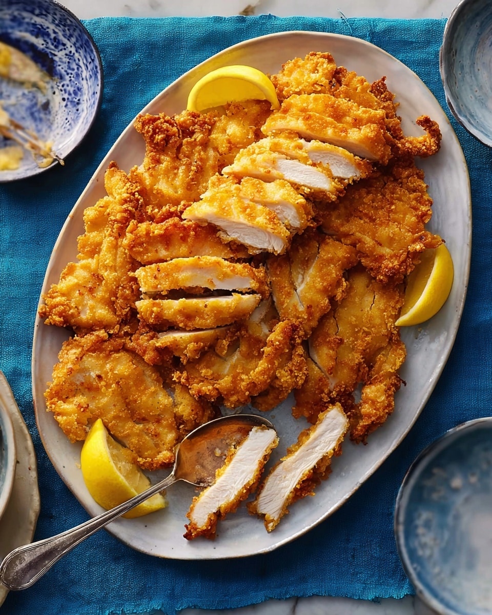 A white oval plate holds many pieces of golden-brown fried chicken cut into thick slices showing white, juicy meat inside. The chicken pieces have a crispy, rough texture with crunchy edges. Two lemon wedges with a yellow, juicy texture are placed on opposite sides of the plate. A silver spoon rests on the plate’s edge with one piece of chicken on it. The plate sits on a blue cloth over a white marbled surface. Photo taken with an iphone --ar 4:5 --v 7