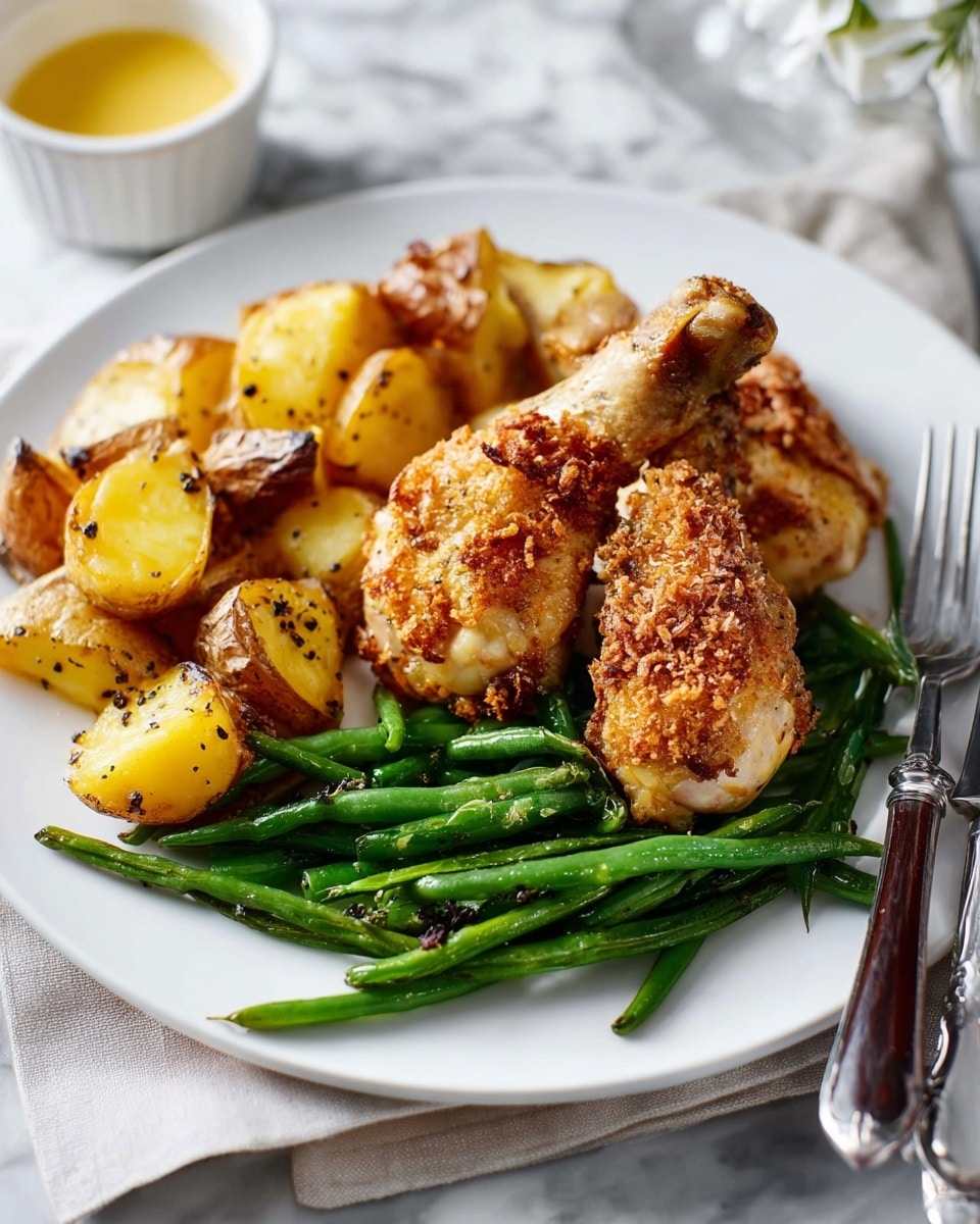 A white plate holds a meal with three main parts: at the top right, two golden brown crispy baked chicken drumsticks with a rough, crumbly texture; to the left side, a cluster of roasted small potatoes with a golden outer skin and some darker crispy spots; below the drumsticks and spreading towards the bottom, a small pile of bright green cooked green beans with a slight gloss. The plate is set on a white marbled surface with a fork and knife beside it, the knife has a dark wooden handle. In the background, there are small white bowls with light-colored sauces. photo taken with an iphone --ar 4:5 --v 7