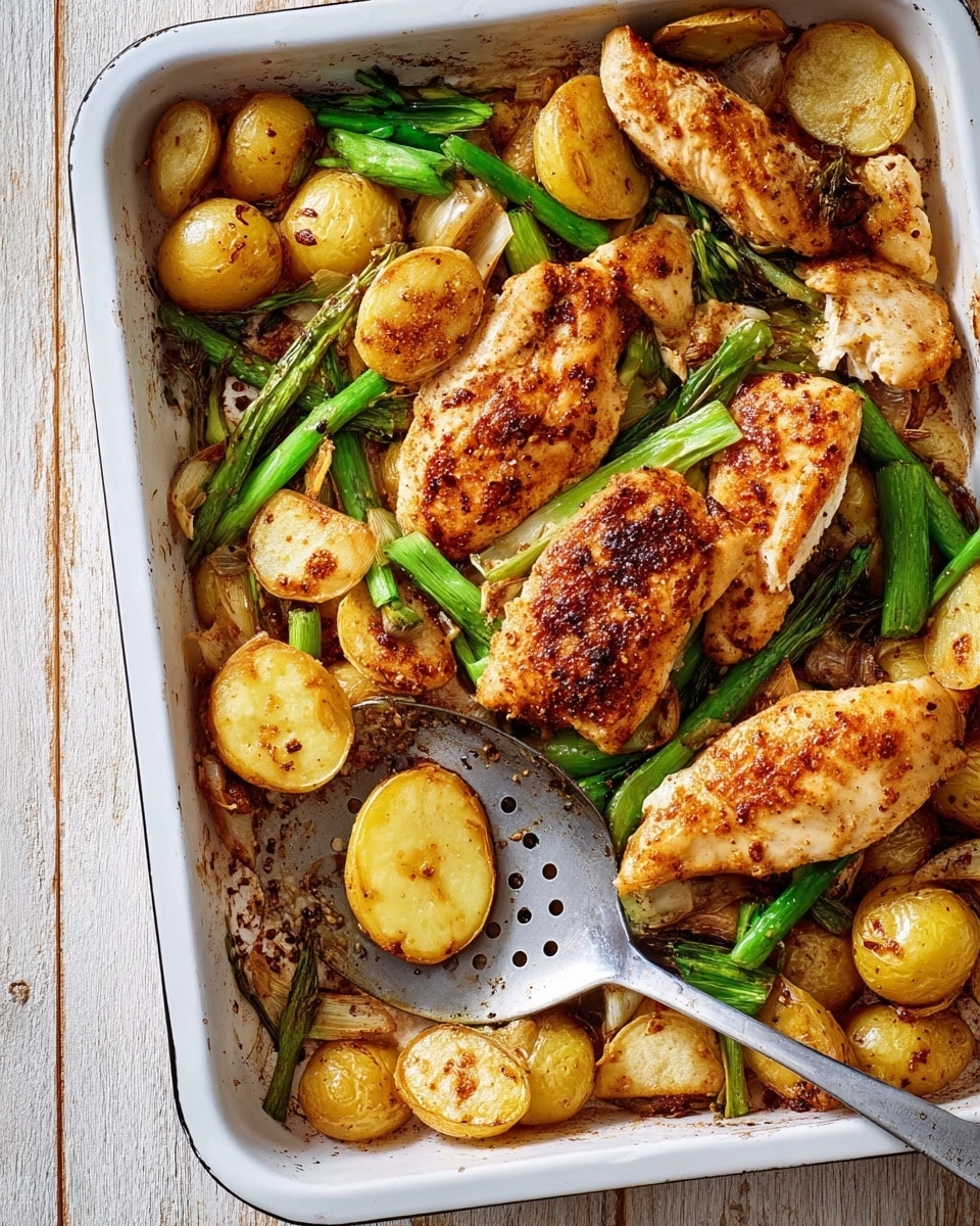 The image shows a close-up of a white baking tray filled with roasted chicken breasts on top of sliced round golden-brown potatoes and whole small roasted potatoes. Bright green scallions are scattered over the dish, adding contrast. The chicken breasts have a crispy, slightly charred surface with a shiny glaze, while the potatoes have browned edges and a soft texture. A shiny metal slotted spoon holds a few potato slices and rests on the tray's edge. The tray is placed on a white marbled texture surface. photo taken with an iphone --ar 4:5 --v 7