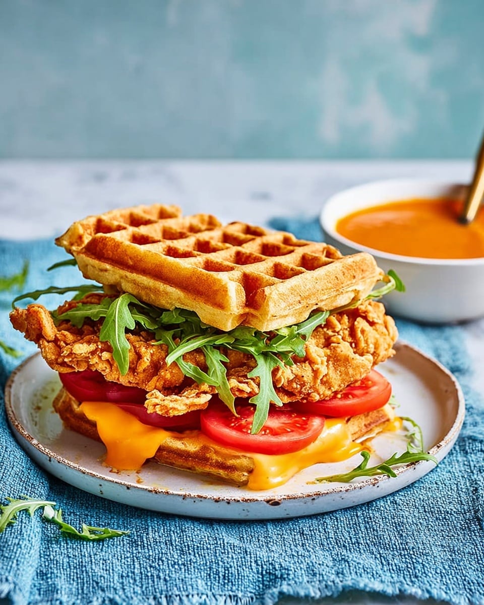 The image shows a sandwich on a white plate with a beige rim, placed on a blue cloth on a white marbled surface. The sandwich has two golden-brown waffles as the top and bottom layers, with a crispy fried chicken piece in the middle that is textured and crunchy. On top of the chicken, there are fresh green arugula leaves and bright red tomato slices. The bottom waffle has an orange creamy sauce spread over it, and some crumbs are scattered around the plate. In the background, there is a green bowl with an orange sauce and a spoon inside it, all set against a light blue wall. photo taken with an iphone --ar 4:5 --v 7