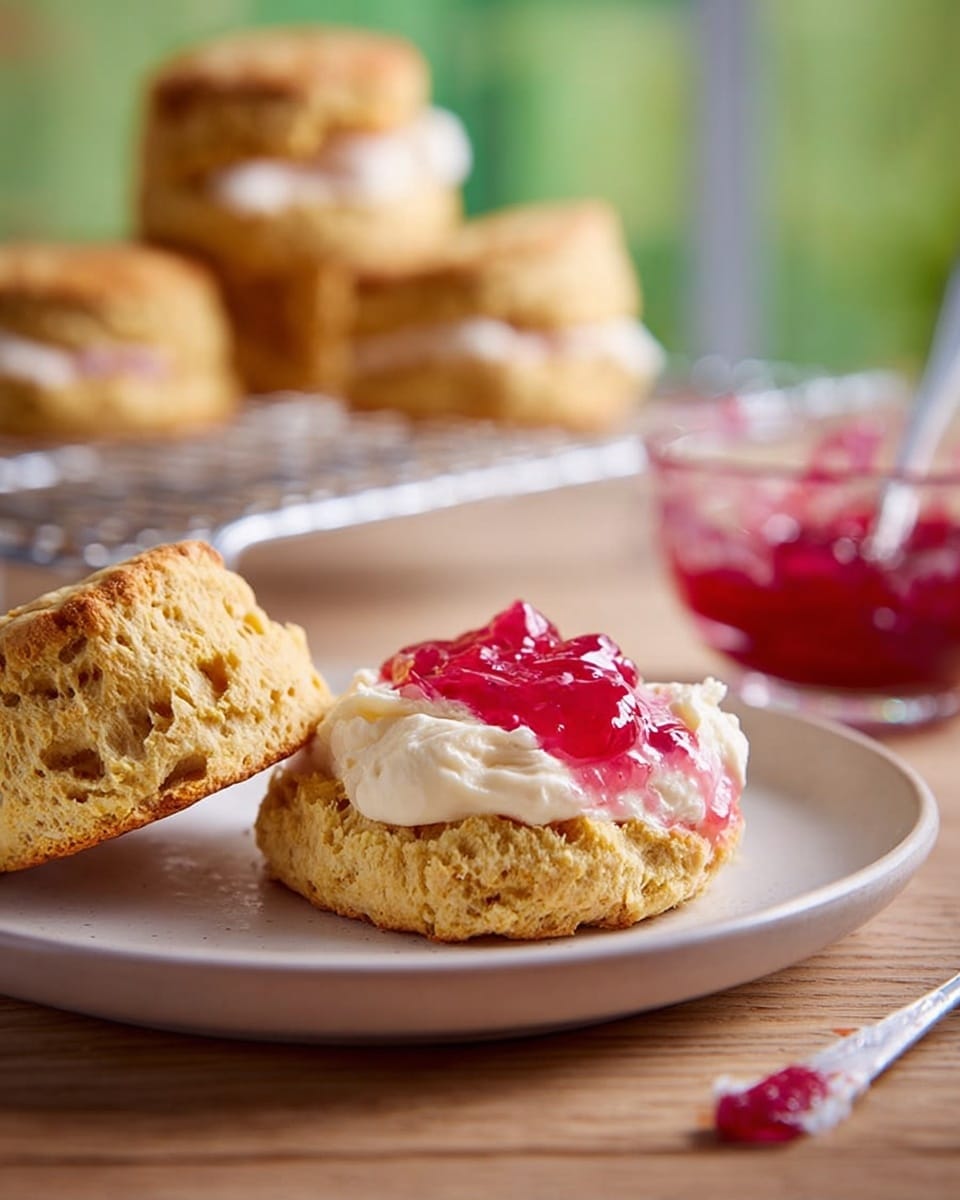A white plate holds a split golden biscuit with three visible layers: the bottom dense crumb layer, a top light golden crust, and a middle layer of white creamy spread, topped with a small heap of glossy pink fruit jam. To the left, the other biscuit half is open-faced, showing its soft crumb interior. In the background, there are more whole golden biscuits stacked on a wire rack. On the wooden table to the right, a clear glass bowl contains additional pink jam. The soft natural light shines on the biscuit textures, with a blurred green background and the plate resting on a white marbled surface. photo taken with an iphone --ar 4:5 --v 7