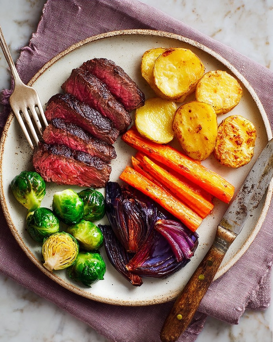 A white plate sits on a white marbled surface with a light purple cloth underneath. On the plate, there are four groups of food arranged in sections: at the top right, golden brown, round potato slices with a crispy surface; below them, bright orange carrot sticks with a slightly roasted texture; at the bottom center, purple-red roasted onion pieces showing soft, curled layers; to the left, fresh green halved Brussels sprouts displaying their smooth, shiny interior leaves; and at the top left, several slices of medium-rare steak with a dark seared crust and a deep red inside. A fork rests on the left side of the plate, and a knife with a worn wooden handle lies on the right side. photo taken with an iphone --ar 4:5 --v 7