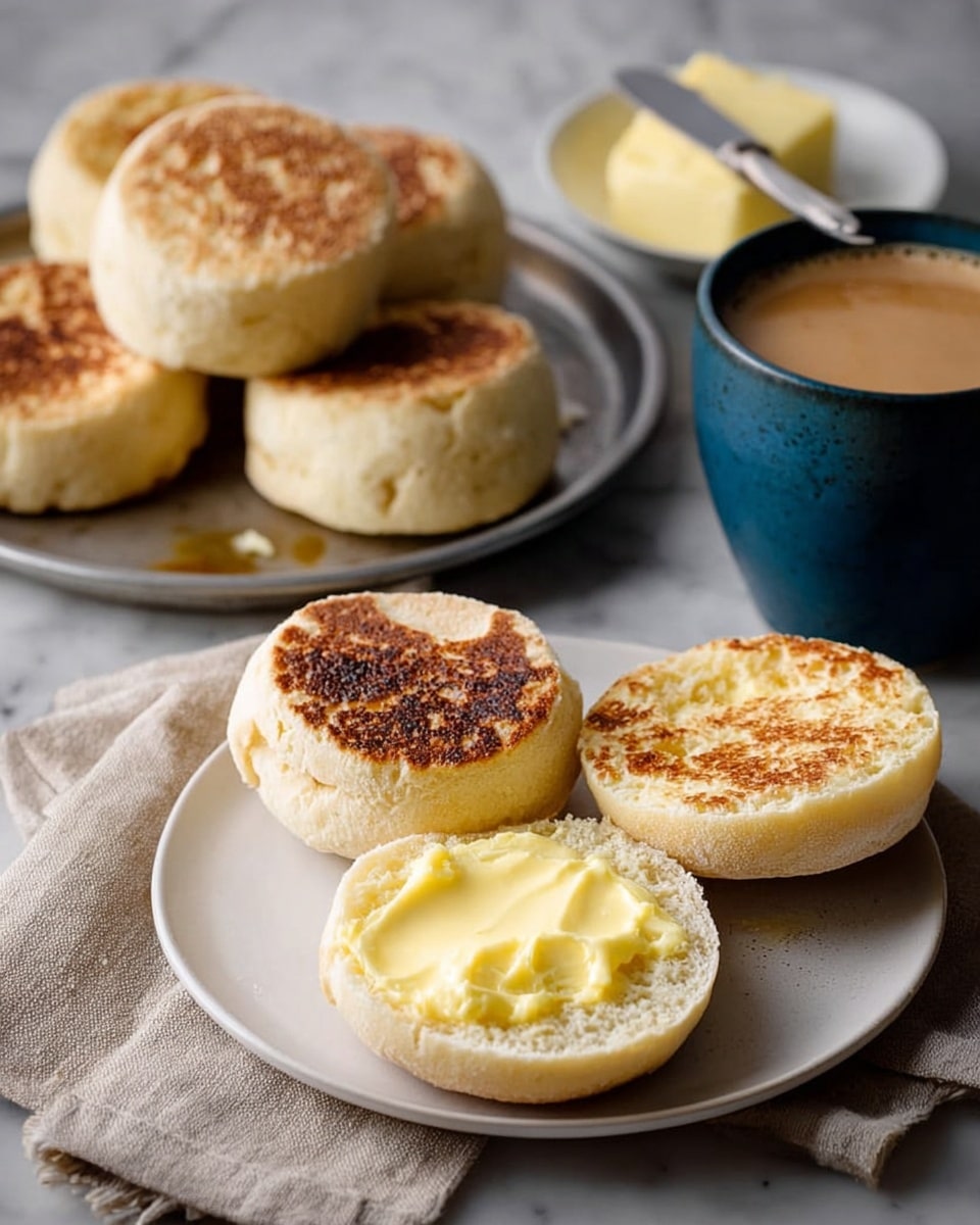 The image shows a close-up of a white plate with two toasted English muffin halves, one spread with creamy butter that is pale yellow with a soft texture, while the other half is plain showing a golden-brown toasted surface. Behind this plate, there is a white tray holding six whole English muffins stacked casually, each showing a light beige color with a slightly browned, textured top. To the left, there is a small cup of light brown coffee with a thin layer of froth on top. In the background to the right, a white bowl filled with a chunk of butter and a butter knife is slightly visible, placed on a white marbled surface with a soft cloth partially under the tray and bowl. photo taken with an iphone --ar 4:5 --v 7
