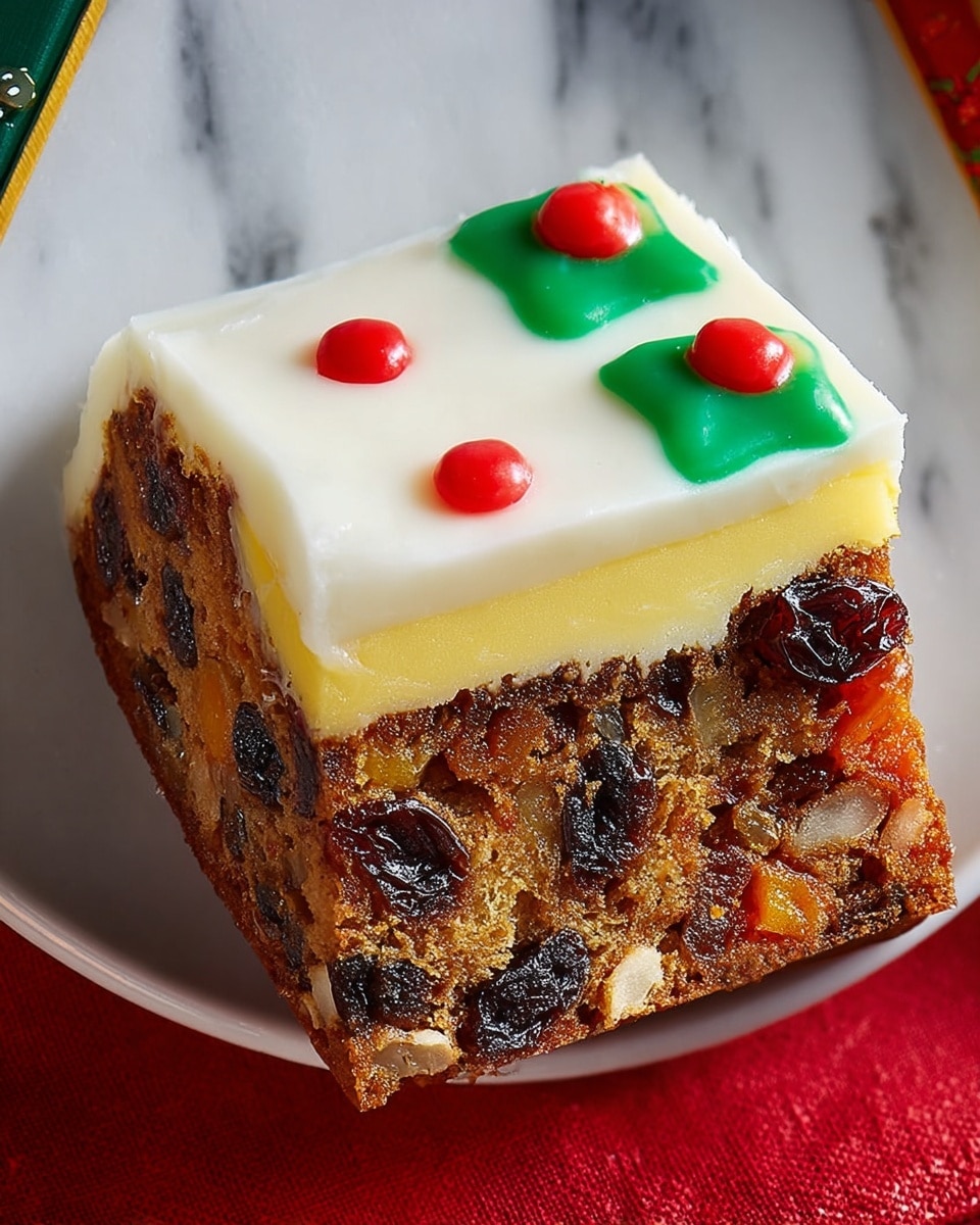 A slice of fruitcake sits on a white plate, showing three distinct layers. The bottom layer is dense and brown, packed with visible pieces of dried fruit such as dark raisins and bright orange cherries, giving it a textured, moist look. Above this is a thin, smooth, pale beige layer of marzipan, topped by a thick, white icing layer decorated with green holly leaves and two small red berries made from fondant or icing. The green and red decorations contrast brightly with the white icing, adding a festive touch. The plate rests on a white marbled surface with a dark blue cloth edged in red partially visible underneath. photo taken with an iphone --ar 4:5 --v 7