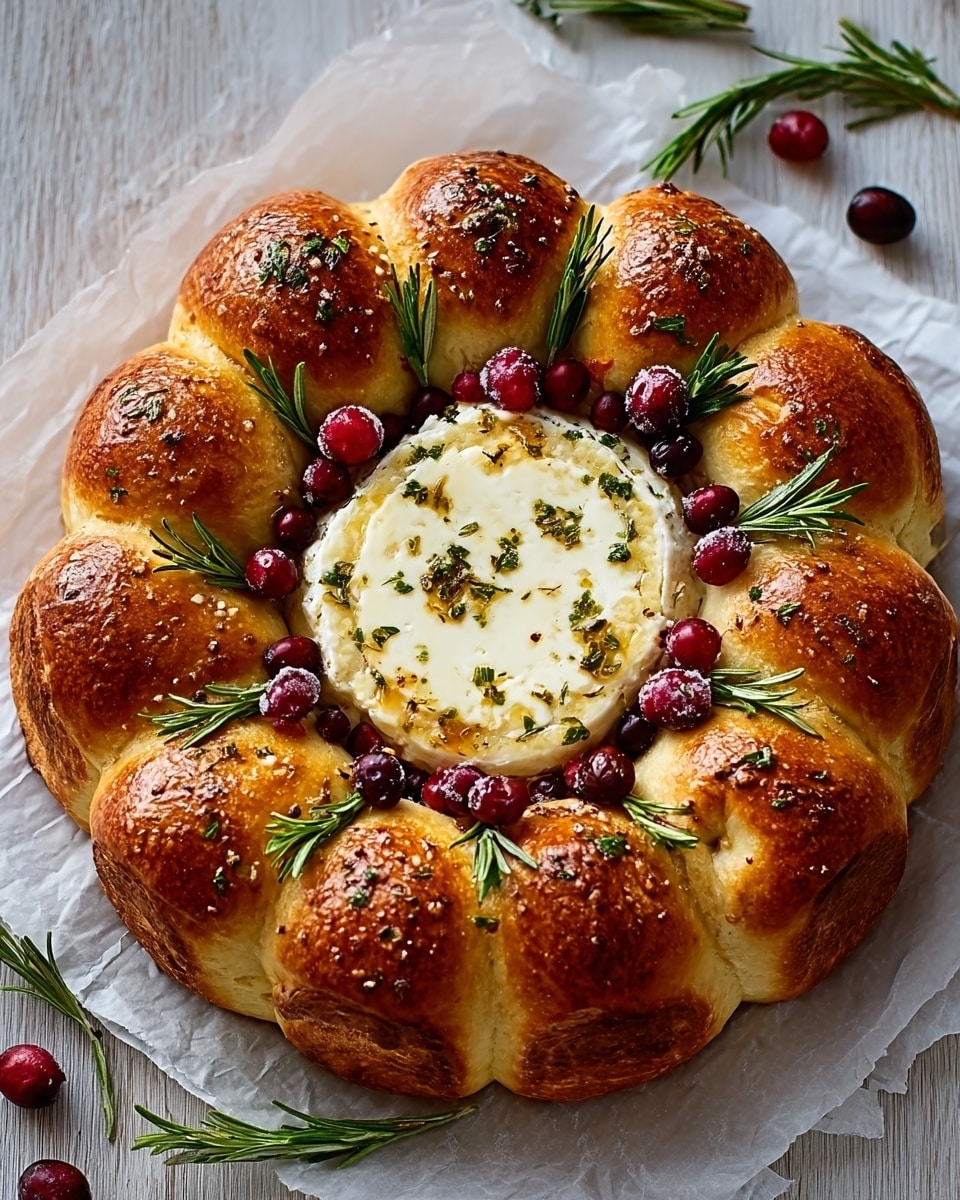 A round bread wreath made of golden-brown, shiny, soft rolls arranged in a circle with a creamy, white cheese wheel in the center sprinkled with green herbs, decorated with bright red cranberries and green rosemary sprigs placed evenly on top of the rolls, all resting on white parchment paper on a white marbled surface. photo taken with an iphone --ar 4:5 --v 7
