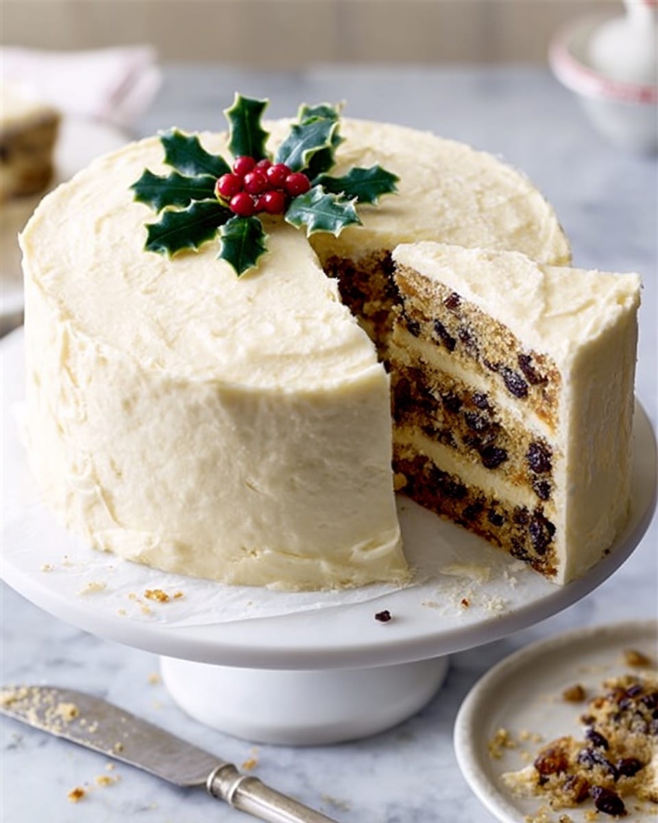 A round cake with thick, cream-colored frosting evenly covering the outside and top, decorated simply with green holly leaves and red berries placed in the center on top. One large slice is cut out, showing three layers inside filled with dense cake packed with dark raisins or dried fruit, creating a textured contrast with the smooth frosting. The cake sits on a white cake stand with a subtle design, positioned on a white marbled surface with a silver knife to the side and some crumbs scattered nearby. photo taken with an iphone --ar 4:5 --v 7