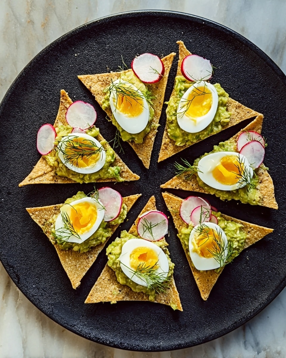 The image shows a black round plate on a white marbled surface, arranged with eight triangular tortilla chips in a circular pattern. Each chip has three layers: a base layer of crispy golden-brown tortilla, a middle layer of green guacamole spread smoothly, and a top layer consisting of a boiled egg half with a bright yellow yolk, thinly sliced red radish, and small light-green dill sprigs. The chips have a slightly crunchy texture with some uneven edges, and the toppings add a fresh and colorful contrast. photo taken with an iphone --ar 4:5 --v 7