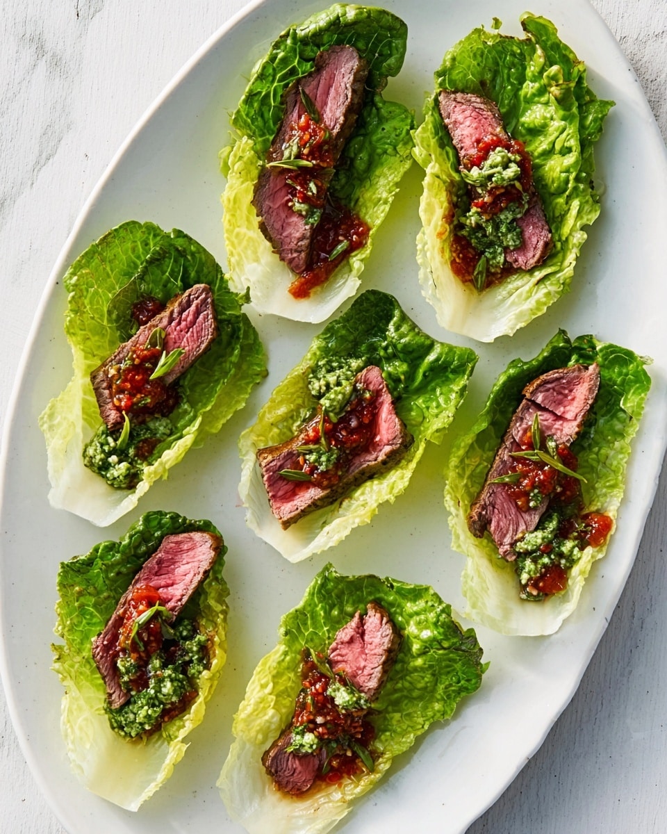 A white oval plate holds eight small lettuce boats arranged in a circle on a white marbled surface. Each boat has one piece of tender, medium-rare steak, pink in the center, topped with a mix of finely chopped red pepper and a green sauce with a smooth texture. The lettuce leaves are fresh, bright green with a slight shine and slightly ruffled edges. Photo taken with an iphone --ar 4:5 --v 7