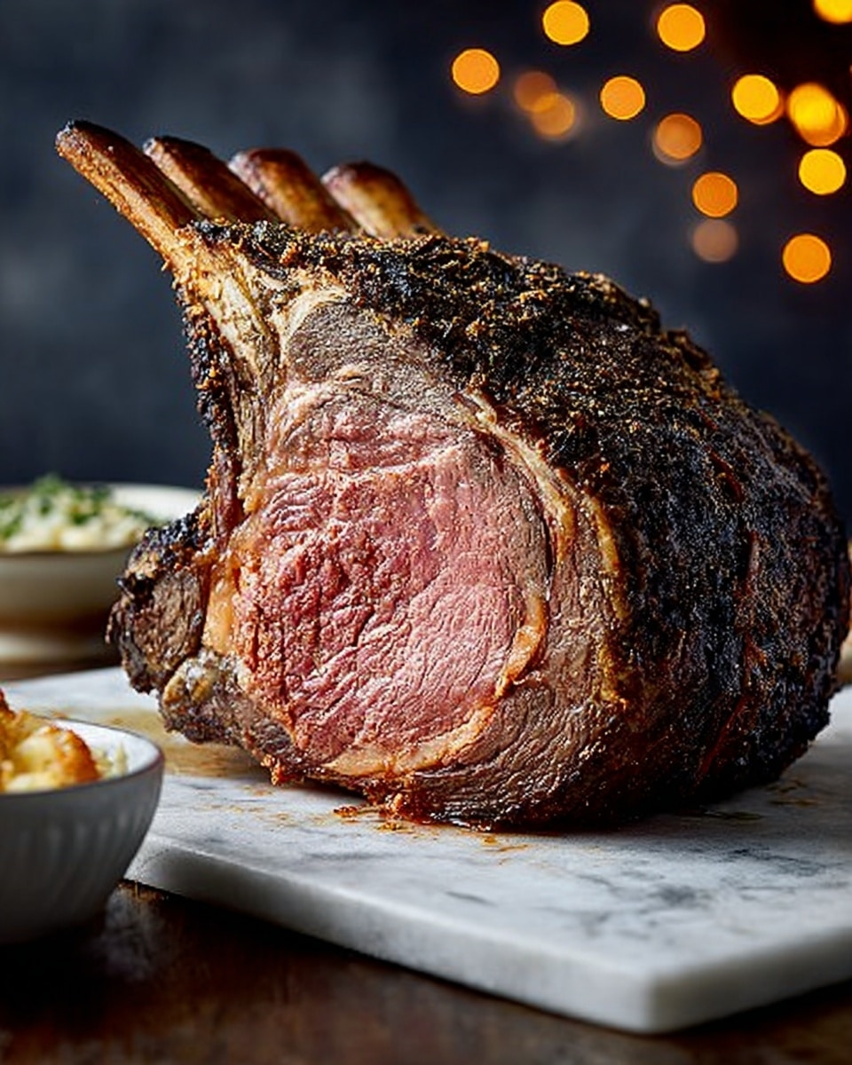 A large cut of roast beef standing on a white marbled surface, showing a thick outer dark brown and black charred crust with a rough texture, surrounding a central layer of pinkish-red cooked beef that looks juicy and tender with some marbling of fat near the edges, the bone protrudes slightly from the top left side of the roast, giving it a strong vertical element. The background is dark with small warm orange bokeh lights adding depth. A small portion of a white bowl with side dish is faintly visible on the left side. photo taken with an iphone --ar 4:5 --v 7