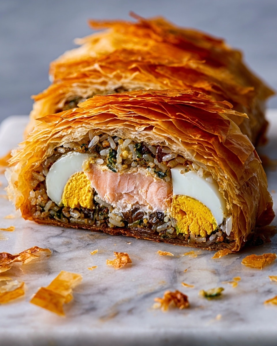 A close-up of a sliced pastry with many thin, crispy, golden brown layers on top, revealing inside a filling with three clear parts: the outermost layer is light pink flaky fish, the middle layer is a mix of greenish-brown rice with grains and small dark pieces, and the inner layer includes slices of white boiled egg with a yellow yolk. The pastry rests on a white marbled surface, with some crispy flakes scattered around. Photo taken with an iphone --ar 4:5 --v 7