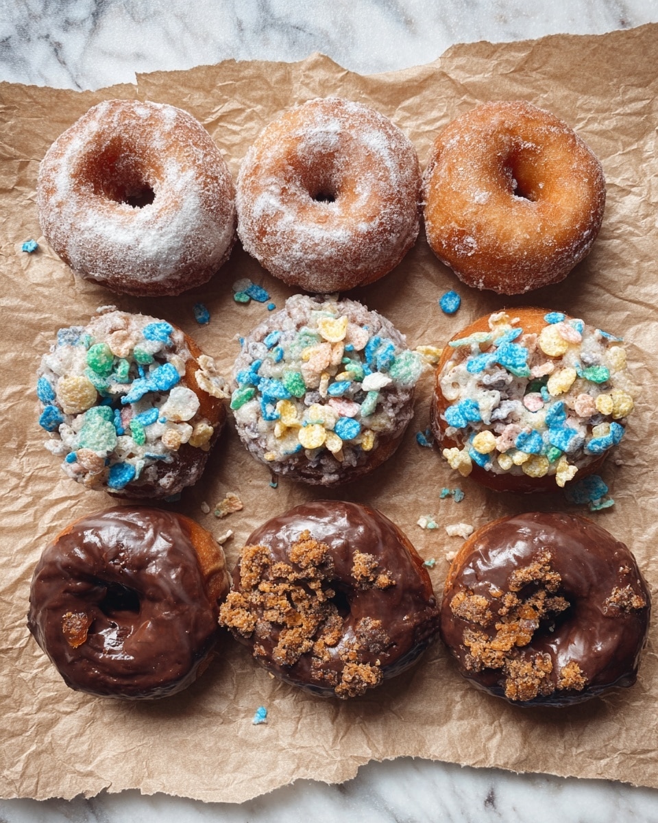 The image shows eight donuts arranged in two rows on crumpled parchment paper, placed on a white marbled surface. The top row has four donuts: the first donut is plain with powdered sugar dusted evenly on top, the second donut is coated with a light brown glaze and topped with colorful blue, green, yellow, and pink cereal pieces, the third donut is also plain with powdered sugar, and the fourth donut has a crumbly brown topping. The bottom row features four donuts too: the first donut is covered with smooth chocolate glaze, the second donut has a crumbly brown topping similar to the one above, the third donut has a light glaze with colorful cereal pieces matching the second donut in the top row, and the fourth donut also has the same glaze and colorful cereal pieces. Some cereal pieces are scattered around the donuts on the parchment. photo taken with an iphone --ar 4:5 --v 7