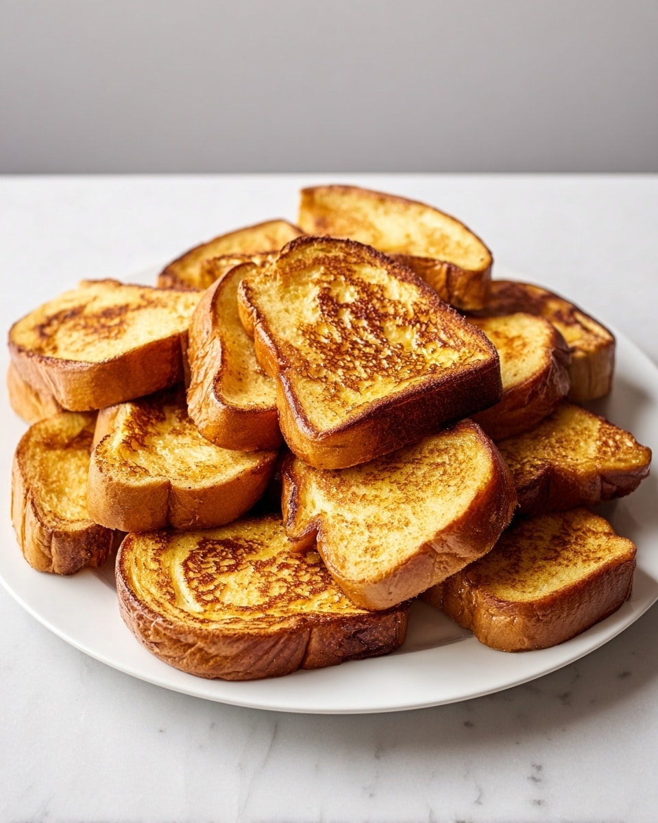 A white plate piled high with about a dozen pieces of golden-brown French toast. Each piece has a crispy, slightly darker toasted pattern on the surface and thick edges showing the soft inside. The slices are stacked and overlapping randomly, creating a cozy heap on the plate, which rests on a white marbled surface. photo taken with an iphone --ar 4:5 --v 7