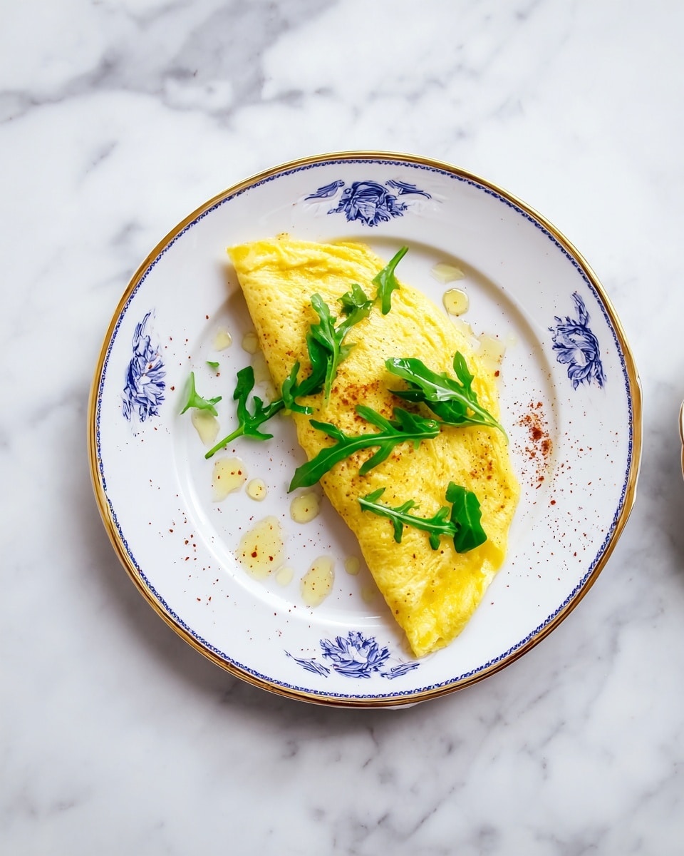 A folded, smooth yellow omelette sits near the center of a white round plate with thin blue and gold rim lines and a logo with blue text on the top right edge. The omelette is garnished with several small, bright green arugula leaves scattered on top. Around the omelette on the plate are a few drops of yellow oil and a light dusting of reddish spice powder. The plate rests on a white marbled surface with subtle gray veins. photo taken with an iphone --ar 4:5 --v 7