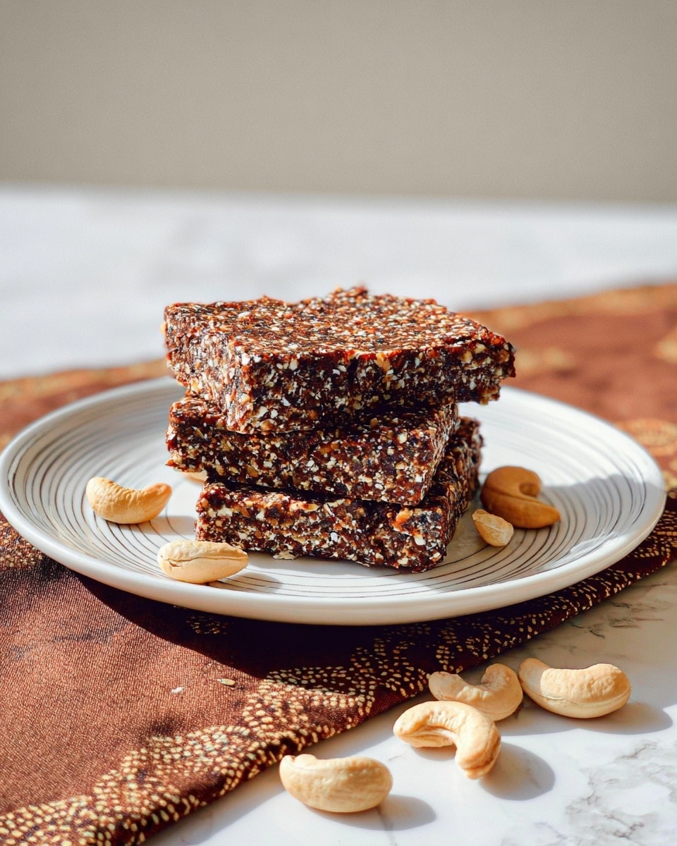 A stack of three thick, square nut and seed bars sits on a white plate with a thin silver rim, placed on a fabric with a dark floral pattern. Each bar has a rough texture made of small sesame seeds and crushed nuts, showing specks of brown, beige, and white throughout. Some whole cashew nuts are scattered near the plate on the fabric. The background is a simple light wall and the entire scene is set on a white marbled surface. Photo taken with an iphone --ar 4:5 --v 7