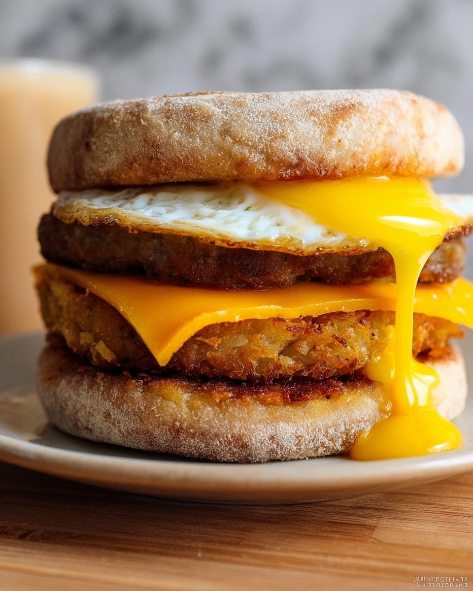 A close-up of a breakfast sandwich shows four main layers stacked between a soft, toasted English muffin with a light brown, slightly textured top and bottom. The bottom layer is a crispy, golden-brown hash brown patty with a crunchy texture, followed by a thick, browned sausage patty with a slightly rough surface. Above that lies a melted slice of bright orange cheddar cheese, oozing slightly over the edges. The top layer is a fried egg with a white, slightly wavy cooked edge and a runny yellow yolk dripping down the side. The sandwich sits on a simple white plate placed on a white marbled surface, with a blurry glass of orange juice in the back. photo taken with an iphone --ar 4:5 --v 7