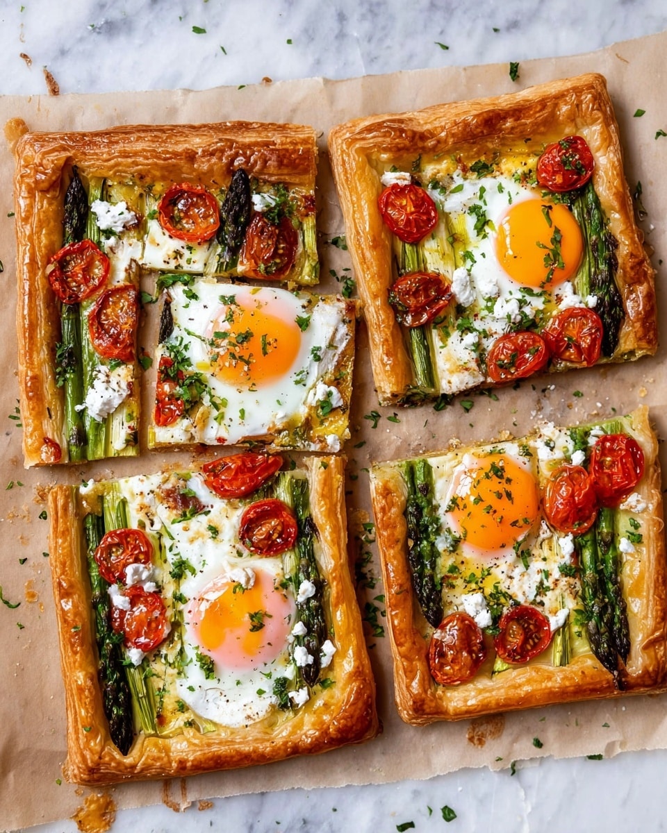Six square pieces of open-faced tart are placed on parchment paper over a wooden board with a white marbled texture beneath. Each tart has a layered, golden-brown flaky crust forming a thick border around the fillings. The first layer inside the crust is green asparagus spears laid flat, topped with halved red cherry tomatoes and crumbled white cheese scattered evenly. On top of some pieces, there is a sunny-side-up egg with a bright orange yolk and white cooked fully but still glossy, sprinkled with finely chopped green herbs. The overall look is a mix of warm orange, green, red, and white colors with a crispy crust texture and fresh vegetable toppings. photo taken with an iphone --ar 4:5 --v 7