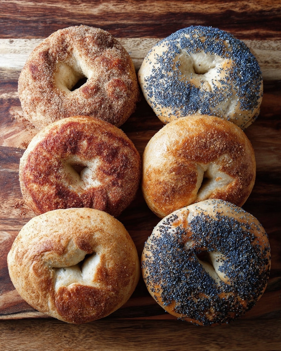 Six bagels are placed in two rows of three on a wooden board. The top row contains two bagels with a textured, rough surface and a brownish red topping, while the middle bagel is covered evenly with small blue poppy seeds. The bottom row has a plain light beige bagel without any topping, a bagel with the same brownish red topping in the middle, and another bagel covered fully with blue poppy seeds. All bagels have a golden color and show cracks and rough textures on their surfaces. Photo taken with an iphone --ar 4:5 --v 7