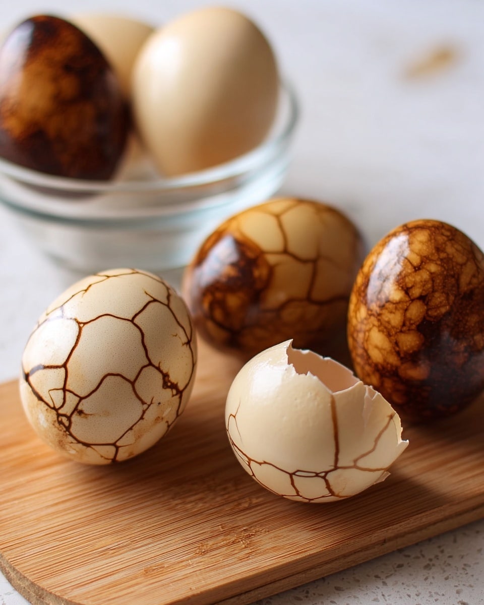 The image shows four tea eggs with a marbled brown and beige pattern on their shells and surfaces arranged on a wooden board. One egg is fully peeled showing the complete marbled design on the smooth beige egg white. Two eggs have cracked shells that reveal parts of their marbled egg white inside. The fourth egg is uncracked with its brown shell intact. In the background, a clear glass bowl holds two more uncracked eggs, slightly out of focus. The scene rests on a white marbled texture surface. Photo taken with an iphone --ar 4:5 --v 7