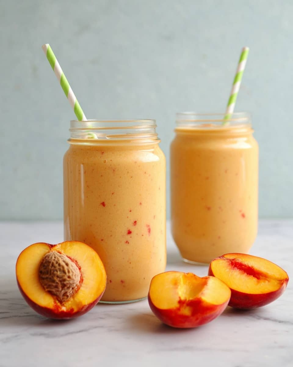 Two clear glass jars filled with a thick, light orange smoothie with tiny red specks inside each, topped with green and white striped straws. In front of the jars, there are two peach halves; one showing the reddish skin and seed, the other showing only the orange flesh and pit cavity. All items rest on a surface with a white marbled texture, with the scene softly lit to show the creamy texture of the drink and smooth surface of the peaches. photo taken with an iphone --ar 4:5 --v 7
