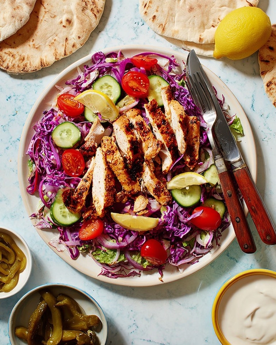 The dish is served on a white plate and has three visible layers. The bottom layer consists of shredded purple cabbage mixed lightly with green lettuce and some sliced cucumber scattered around the edges. On top of this is a layer of grilled chicken breast slices arranged in the center, with a golden-brown grilled texture and light charring, cut into strips and larger pieces. Cherry tomato halves are placed on the cabbage layer around the chicken, adding a pop of red color. A couple of lemon wedges sit near the edge of the plate. There is a fork and knife with wooden handles resting on the plate’s right side. The background is a white marbled surface, with pita bread partially visible near the top left, a small bowl of pickled green peppers at the bottom left, and a small white bowl of a creamy sauce or yogurt at the bottom right. photo taken with an iphone --ar 4:5 --v 7