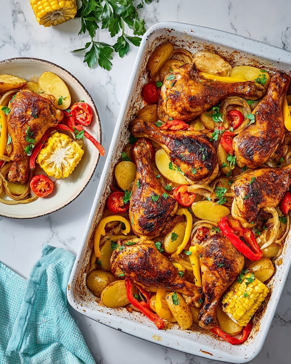A white baking tray filled with seven grilled chicken pieces that are golden brown with charred spots, resting over a bed of sliced yellow round potatoes, red and yellow bell pepper strips, and whole roasted cherry tomatoes. Fresh green parsley leaves are scattered on top. The tray has some juice and oil at the bottom, mixing with the cooked vegetables. To the side, a white plate holds a grilled chicken thigh, three roasted potato slices, some bell pepper strips, cherry tomatoes, and a corn cob with a small piece of butter melting on it. The whole scene sits on a white marbled surface with a light blue cloth in the corner and a light blue spatula by the tray. Photo taken with an iphone --ar 4:5 --v 7
