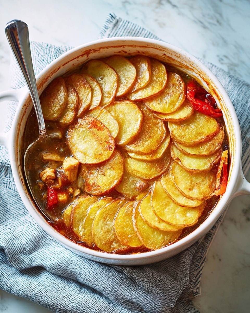 A white round pot filled with a layered dish, topped with thin, golden-brown potato slices arranged in overlapping circles covering the entire surface, some slices slightly darker at the edges, crispy in texture. Beneath the potato layer, pieces of cooked chicken and red peppers are visible in a thick, brownish sauce. The pot sits on a soft light blue cloth with black stripes, placed on a white marbled surface. A silver spoon rests inside the pot on the left side. photo taken with an iphone --ar 4:5 --v 7