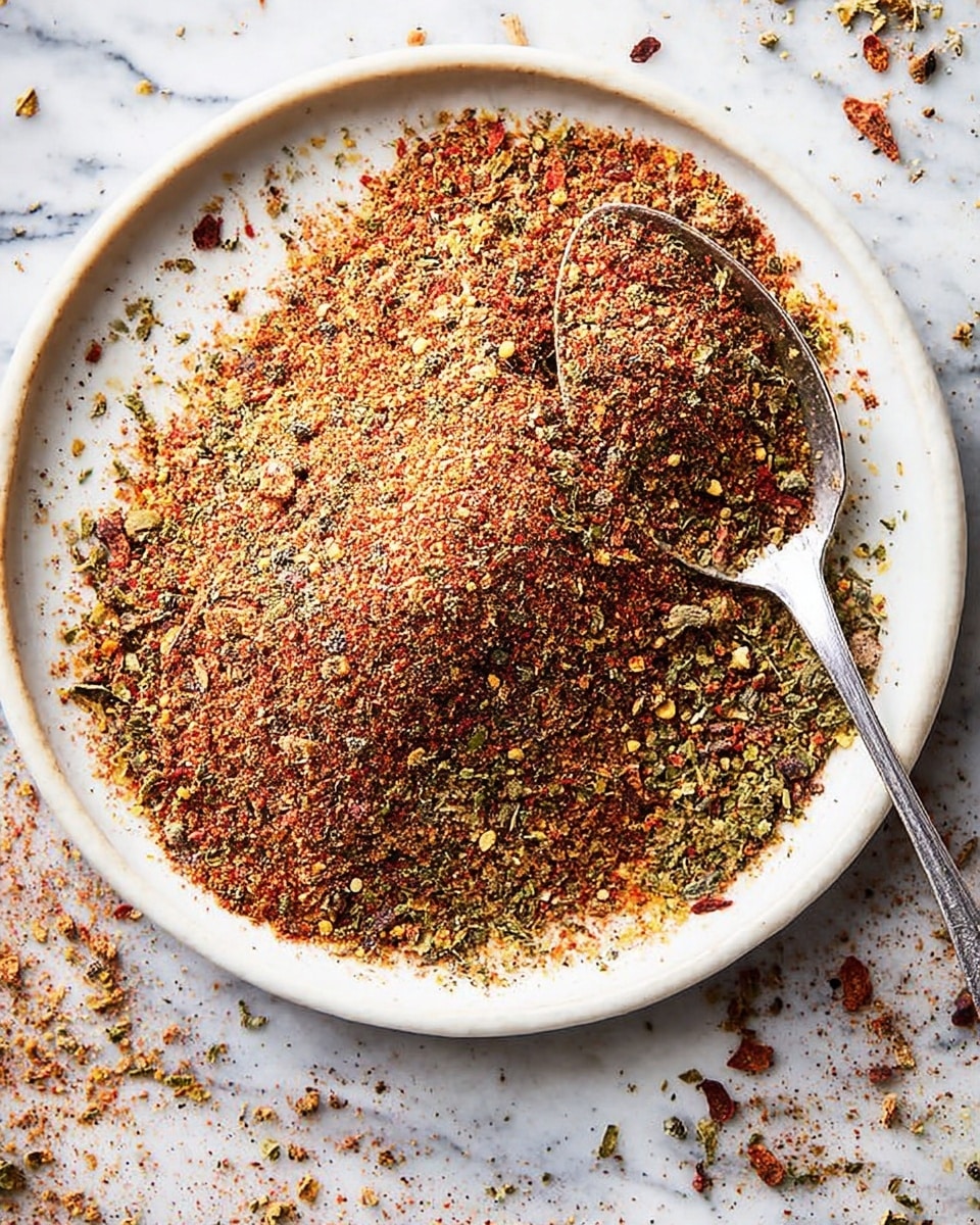 A close-up view of a white round plate filled with a colorful mixture of spices, showing mostly brown, green, and red specks with a coarse texture spread evenly across the plate. A silver spoon rests on the plate's edge, partially filled with the spice mix, matching the coarse and varied colors of the spices. Some spice pieces are scattered lightly around the plate on a white marbled textured surface beneath. photo taken with an iphone --ar 4:5 --v 7