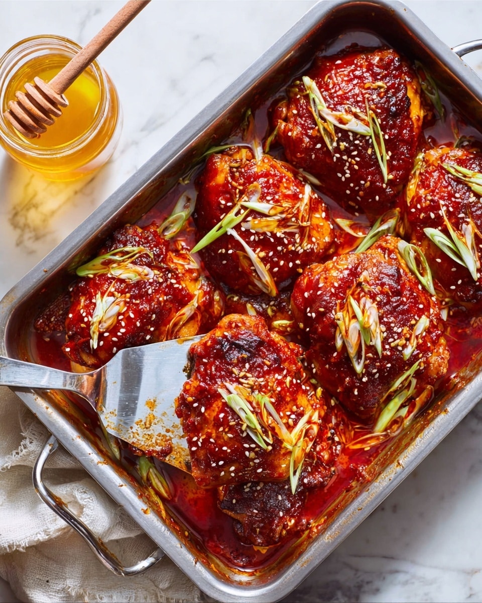 The image shows a metal baking pan filled with six pieces of cooked chicken thighs, covered in a thick, glossy red sauce with a slightly charred texture. The chicken pieces are garnished with thin, curly green onion strips and sprinkled with small white sesame seeds. A large silver spatula is lifting one piece of chicken from the pan. To the left of the pan, on a white marbled surface, there is a small clear glass jar filled with honey and a wooden honey dipper resting near the jar. The lighting is bright and natural, highlighting the shiny textures of the sauce and the freshness of the garnishes. photo taken with an iphone --ar 4:5 --v 7