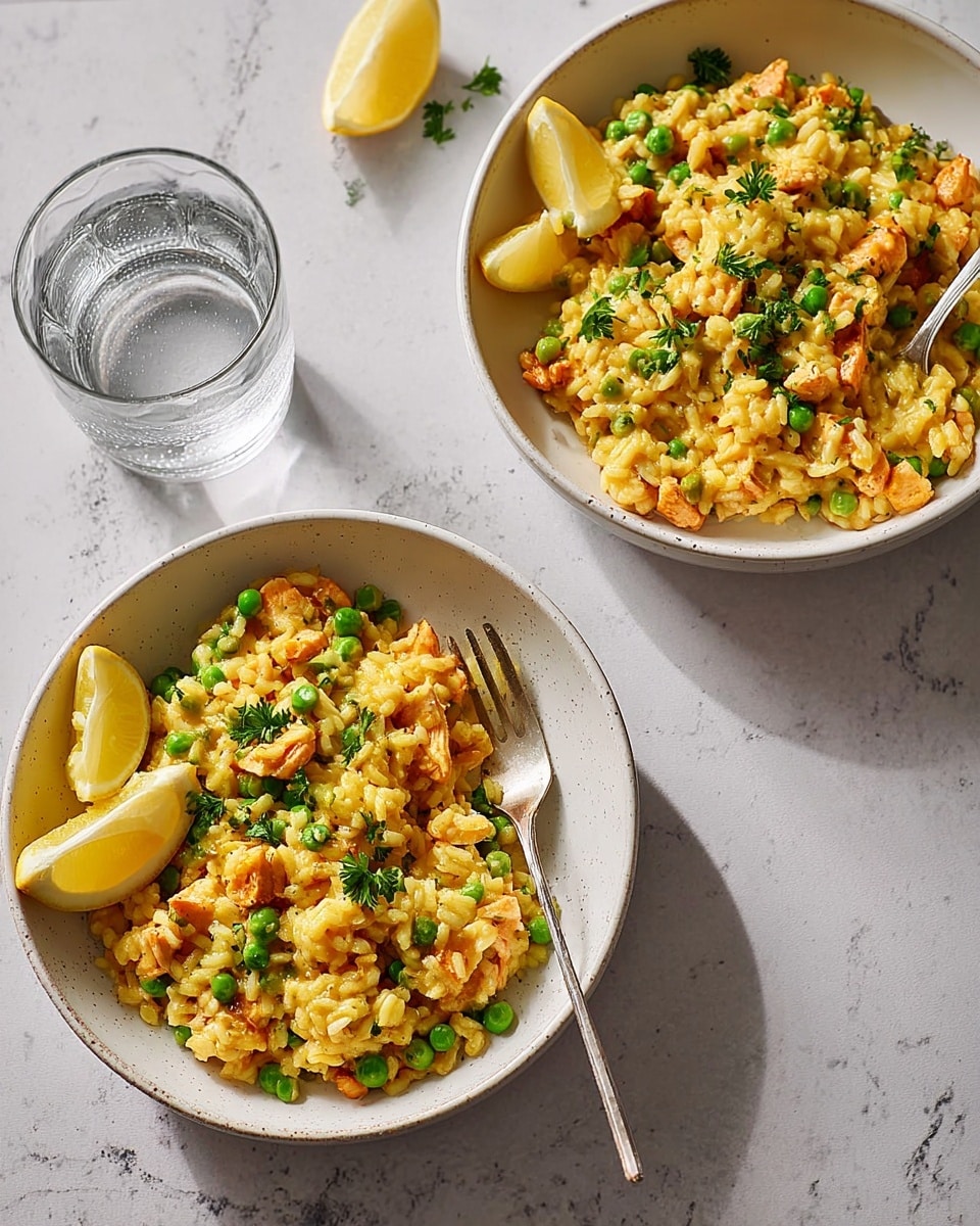 Two round white bowls on a white marbled surface contain a creamy orange risotto dish with green peas and small pieces of chicken scattered throughout. Each bowl has a wedge of lemon placed on the edge of the risotto, and fresh green parsley leaves are sprinkled on top. The risotto looks soft and well mixed, with small orange chunks and bright green peas adding color contrast. A silver fork is placed in the lower bowl, partially covered by the risotto. There is a clear glass of water nearby on the marbled surface. photo taken with an iphone --ar 4:5 --v 7
