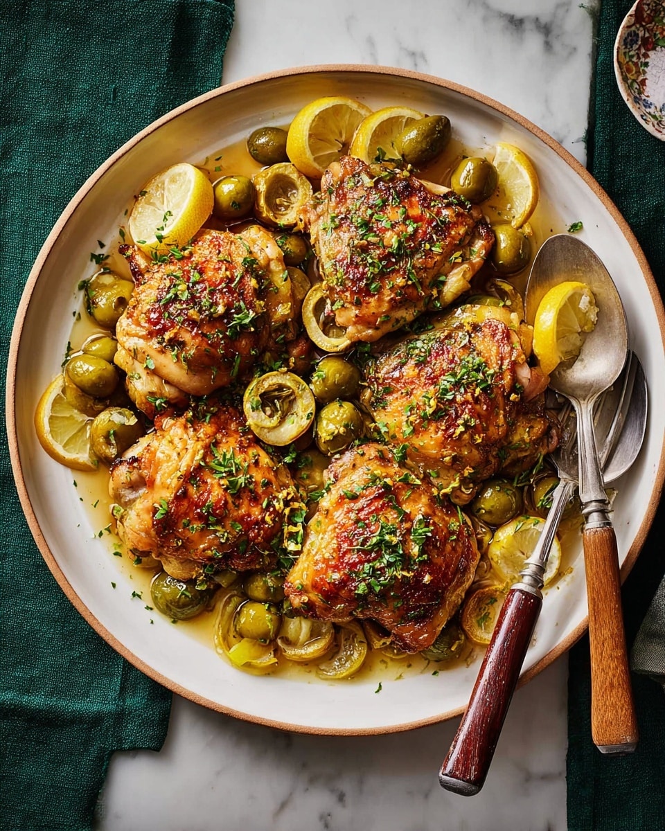 A white round plate holds five pieces of golden-brown cooked chicken thighs, each showing a crisp, textured skin. The chicken rests on a light sauce mixed with sliced green olives and small chopped herbs, adding specks of green around the dish. Thin yellow lemon slices are spread on and around the chicken, adding bright touches. The plate is set on a dark green cloth, and next to it is a wooden-handled fork and spoon placed on the plate's right side. The entire scene is lit warmly, highlighting the rich colors and textures of the food. Photo taken with an iphone --ar 4:5 --v 7