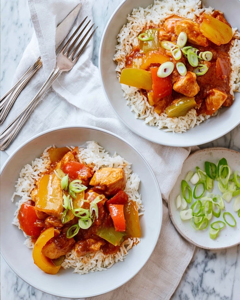 Two white deep plates each contain a layer of white cooked rice forming the base, topped with chunks of cooked chicken covered in a thick brown sauce. Mixed within the sauce are bright yellow and red bell pepper pieces, adding contrast. The tops are sprinkled with fresh green sliced spring onions. To the right of the plates, a small white bowl holds extra sliced spring onions. Beside it, two silver forks rest on a white cloth over a white marbled surface. The lighting highlights the glossy texture and warm colors of the dish, making it look fresh and appetizing. photo taken with an iphone --ar 4:5 --v 7