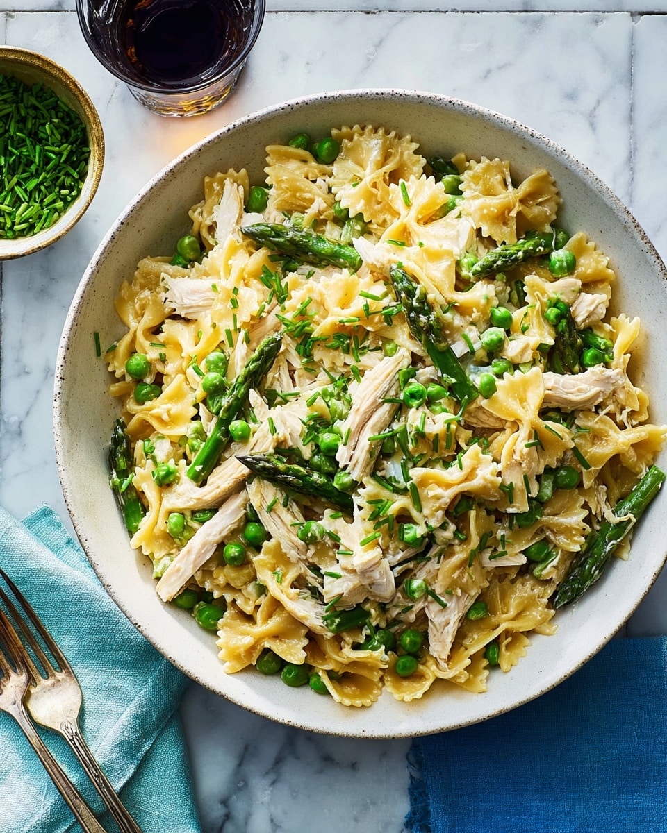 A white bowl filled with a creamy pasta dish showing about three layers: the bottom layer has farfalle pasta coated in light yellow sauce, the middle layer includes bright green asparagus spears and green peas scattered evenly, and the top layer consists of shredded white chicken pieces sprinkled with finely chopped fresh chives. The bowl sits on a white marbled surface with a light blue cloth napkin and a silver fork to the right side, along with a glass of sparkling water in the top left corner. Photo taken with an iphone --ar 4:5 --v 7