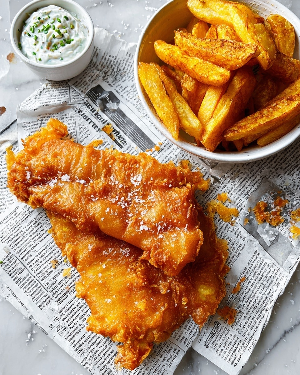 Two golden brown, crispy fried fish fillets sit on crumpled newspaper with an uneven, crunchy texture and a light sprinkling of coarse salt on top. Next to the fish, a small white bowl lined with newspaper holds thick, golden fries, some showing a rough, crispy exterior with a few spots of salt visible. The entire scene rests on a white marbled surface, creating a clean and simple background that highlights the warm, inviting colors of the fried food. Photo taken with an iphone --ar 4:5 --v 7