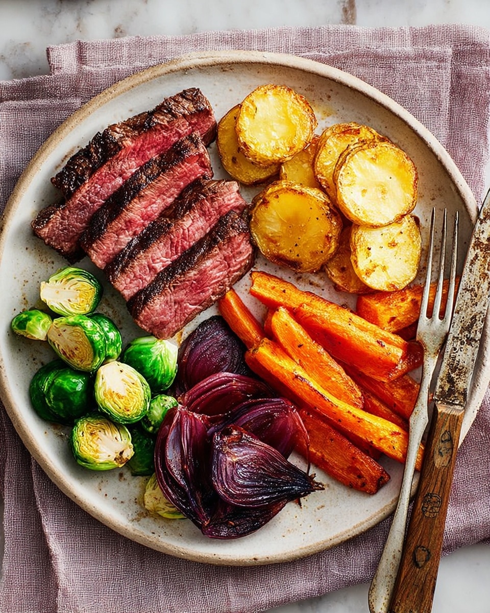 A white speckled plate shows a meal with five sections: the upper left has slices of grilled steak with a dark, charred outside and pink inside; the upper right holds golden roasted potato slices; the lower right presents bright orange cooked carrot sticks; the bottom center has a red onion wedge roasted to a deep purple with slight charring; and the lower left contains halved green Brussels sprouts with a glossy look. A silver fork rests on the left edge of the plate, and a knife with a dark handle sits on the right side, both on a pink cloth napkin over a white marbled surface. photo taken with an iphone --ar 4:5 --v 7