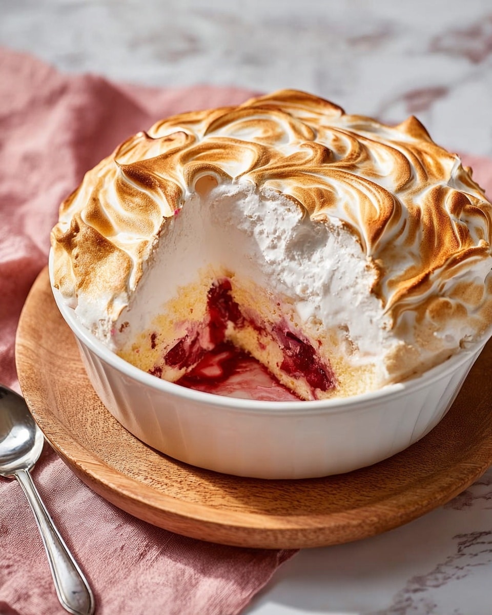 A round white dish contains a dessert with three visible layers: the bottom layer is a light yellow sponge cake, the middle layer is a bright red and somewhat chunky berry filling, and the top layer is a thick, fluffy white meringue with browned peaks and swirls, giving it a textured and cloud-like appearance. A wedge is missing, showing the cross-section of the layers. The dish sits on a round wooden board placed on a soft pink cloth, with a silver spoon resting nearby on the surface with a white marbled texture. Photo taken with an iphone --ar 4:5 --v 7