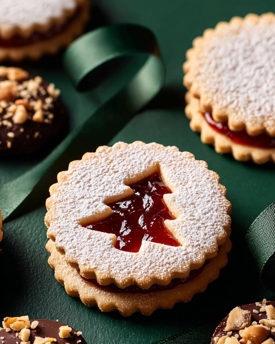 The image shows two round cookies with a scalloped edge, each with two layers: a golden-brown base and a top layer dusted thickly with white powdered sugar. In the center of the top layer, there is a cutout in the shape of a Christmas tree revealing a red jam filling. The cookies are placed on a dark green textured surface, and in the corner, two small treats are partially visible, one covered in chocolate with white drizzle and nuts on top. photo taken with an iphone --ar 4:5 --v 7