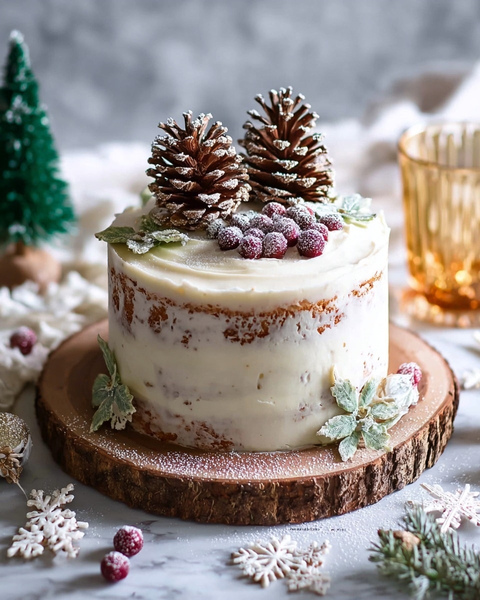 A two-layer round cake with white cream frosting that lets some of the brown cake show through for a rustic look, sitting on a rough wooden board. The top layer is decorated with frosted red berries arranged around three large brown pinecones in the center. Around the base of the cake, there are green rosemary sprigs dusted with white powder to look like snow. Next to the cake on the board, there is another pinecone and small white snowflake shapes scattered, along with fake snow covering some of the board's edge. In the background, blurry green leaf stems and a golden glass add a soft festive feeling. Photo taken with an iphone --ar 4:5 --v 7