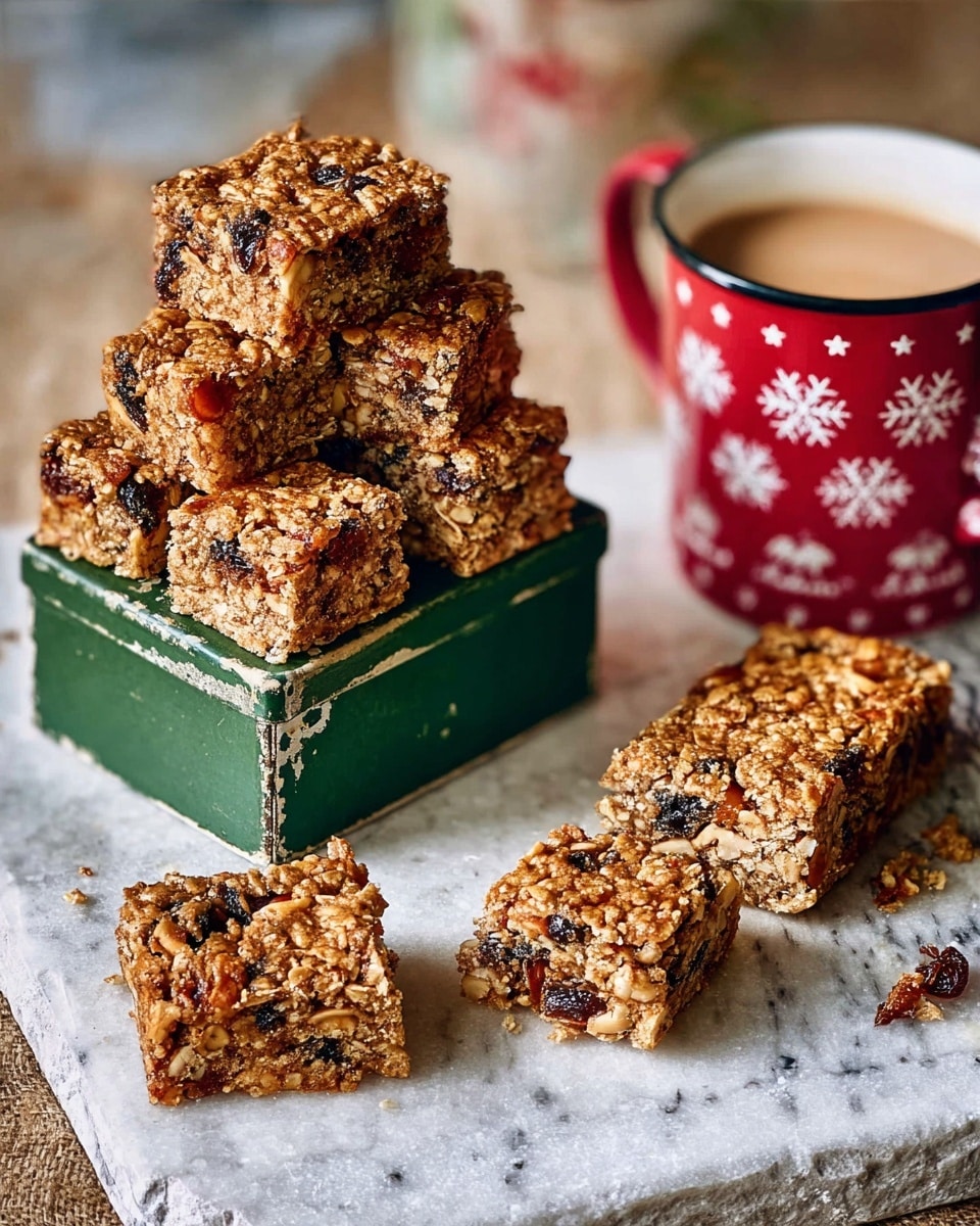 The image shows a stack of seven thick, square granola bars with a rough texture made of oats, nuts, and dried fruits, colored golden brown with darker spots from the dried fruits and toasted bits. Four bars sit on a green metal box lid with a rustic, worn look, while three bars rest on white parchment paper placed on a wooden board. One bar stands upright propped against another to the right, showing the dense inside with visible nuts and dried fruit pieces. In the background, a white mug with a red sleeve featuring white snowflake patterns holds a light brown beverage. The whole setup is on a white marbled surface. photo taken with an iphone --ar 4:5 --v 7