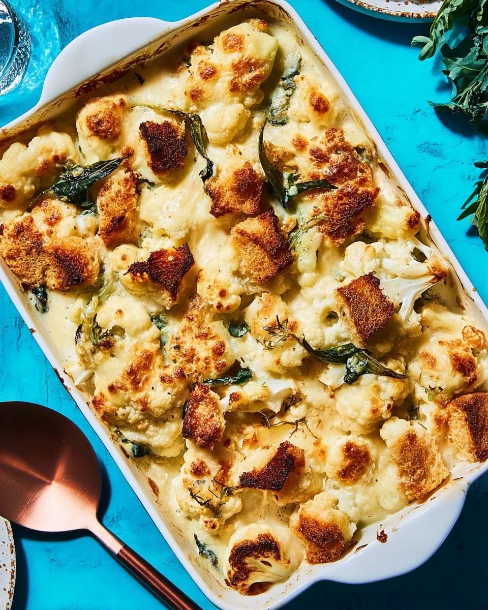 The image shows a white rectangular baking dish filled with a baked cauliflower gratin. The dish has layers starting with whole cauliflower florets at the bottom, covered by a thick creamy cheese sauce that is melted and slightly browned on top. Scattered across the surface are small, crispy, golden-brown bread cubes that add texture. Some small green leaves and cauliflower stems peek out from under the cheesy layer, showing a bit of freshness. The dish is placed on a white marbled surface with a vintage metal spatula beside it, and a woman's hand is lightly touching the edge of the dish. photo taken with an iphone --ar 4:5 --v 7
