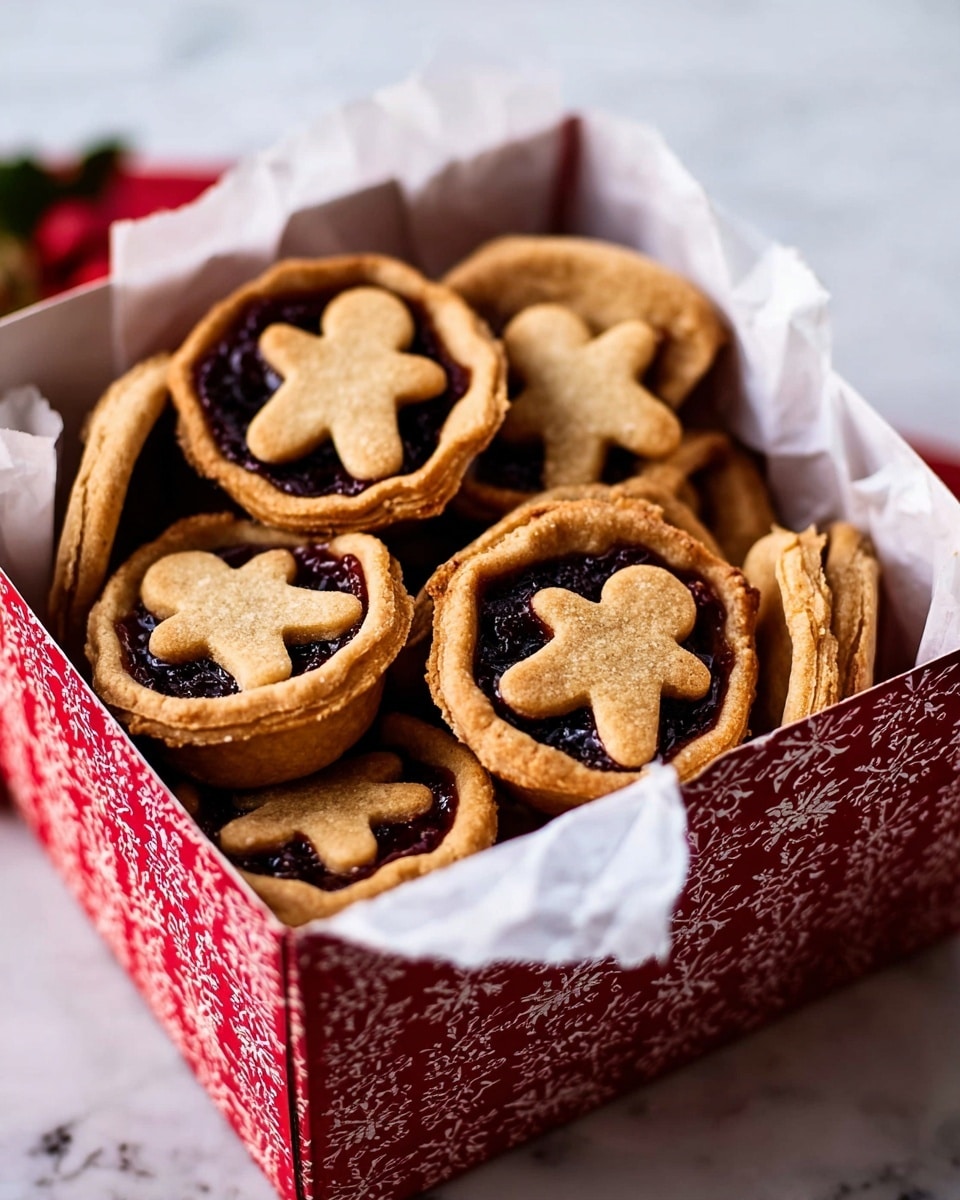A red and white patterned box filled with small round tarts, each with a golden brown crust and a dark, glossy fruit filling visible through the cutout shaped like a gingerbread person on top. The tarts have a thick, slightly crumbly looking crust and the fruit filling is shiny and uneven in texture, creating a rich contrast with the matte crust. White parchment paper lines the inside of the box, and one tart is held up slightly in the center, showing the layers clearly. The setting is on a white marbled surface with soft lighting highlighting the texture and color of the tarts. Photo taken with an iphone --ar 4:5 --v 7