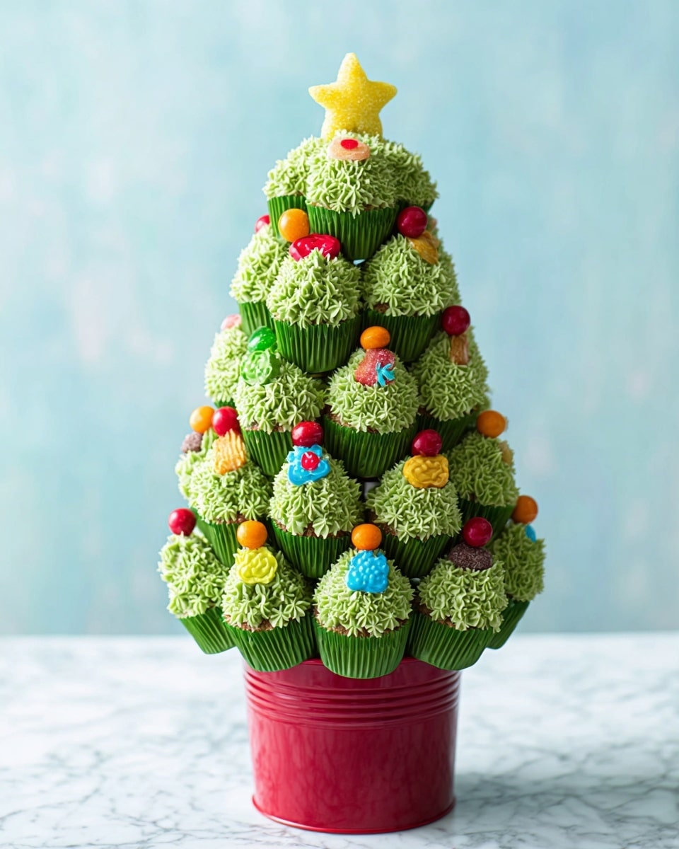 A Christmas tree made of multiple green frosted cupcakes stacked in a cone shape, each cupcake decorated with textured green frosting to look like pine needles and topped with small colorful gumdrop candies resembling ornaments; the tree is crowned with a yellow star-shaped cookie on top, all placed inside a shiny red bucket on a white marbled surface. photo taken with an iphone --ar 4:5 --v 7