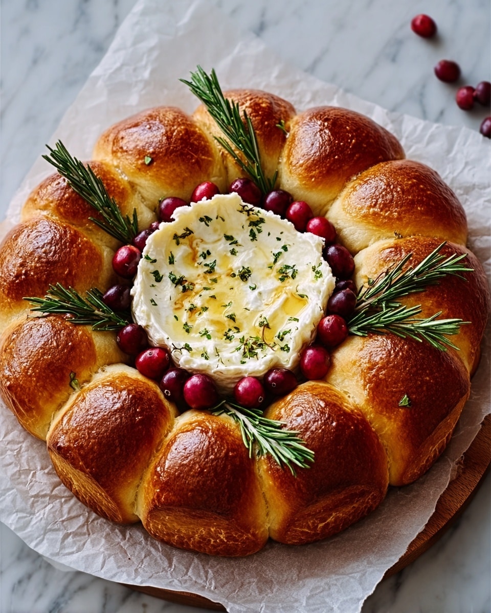 A round wreath-shaped bread made of twenty golden-brown, shiny risen dough balls arranged tightly in a circle around a round, white cheese wheel in the center. The cheese is soft with a creamy white top sprinkled with fresh green herbs. Small bright red cranberries and fresh green rosemary sprigs are placed evenly around the bread, adding pops of color. The bread sits on light brown parchment paper, all placed on a white marbled texture surface. Photo taken with an iphone --ar 4:5 --v 7